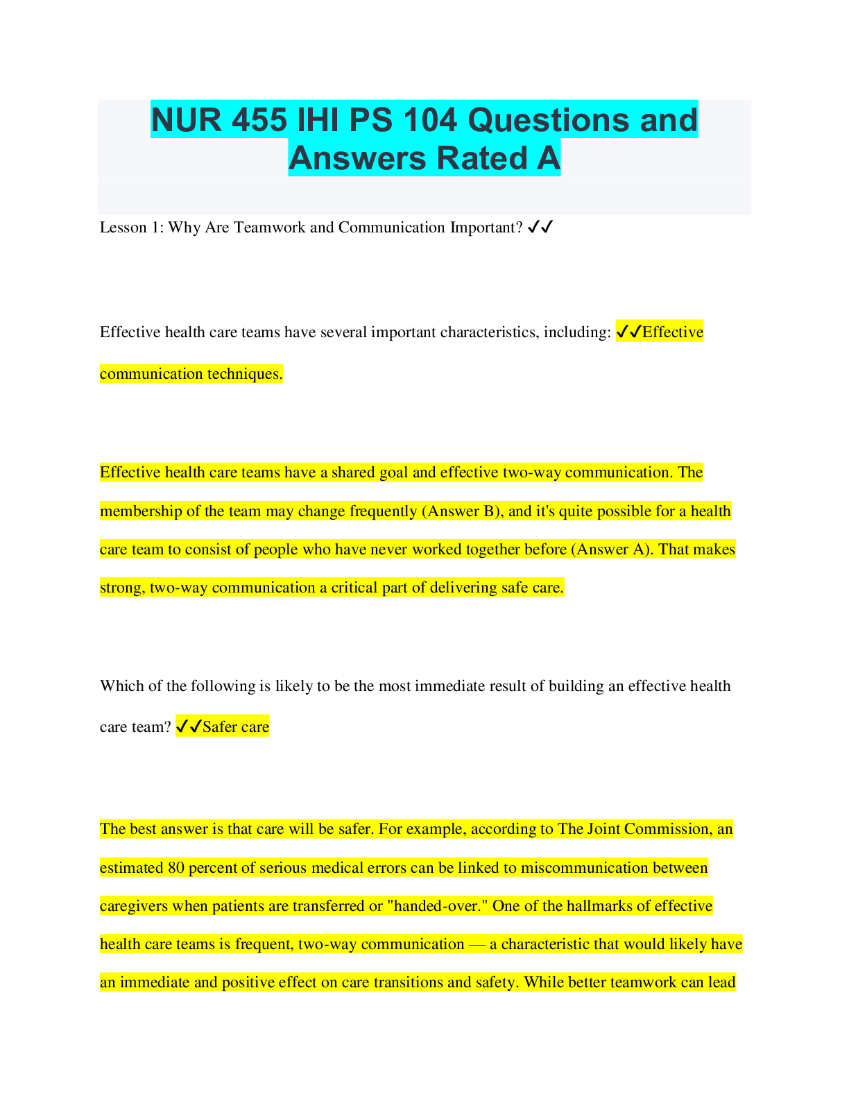 Preview of NUR 455 IHI PS 104 Questions and Answers Rated A